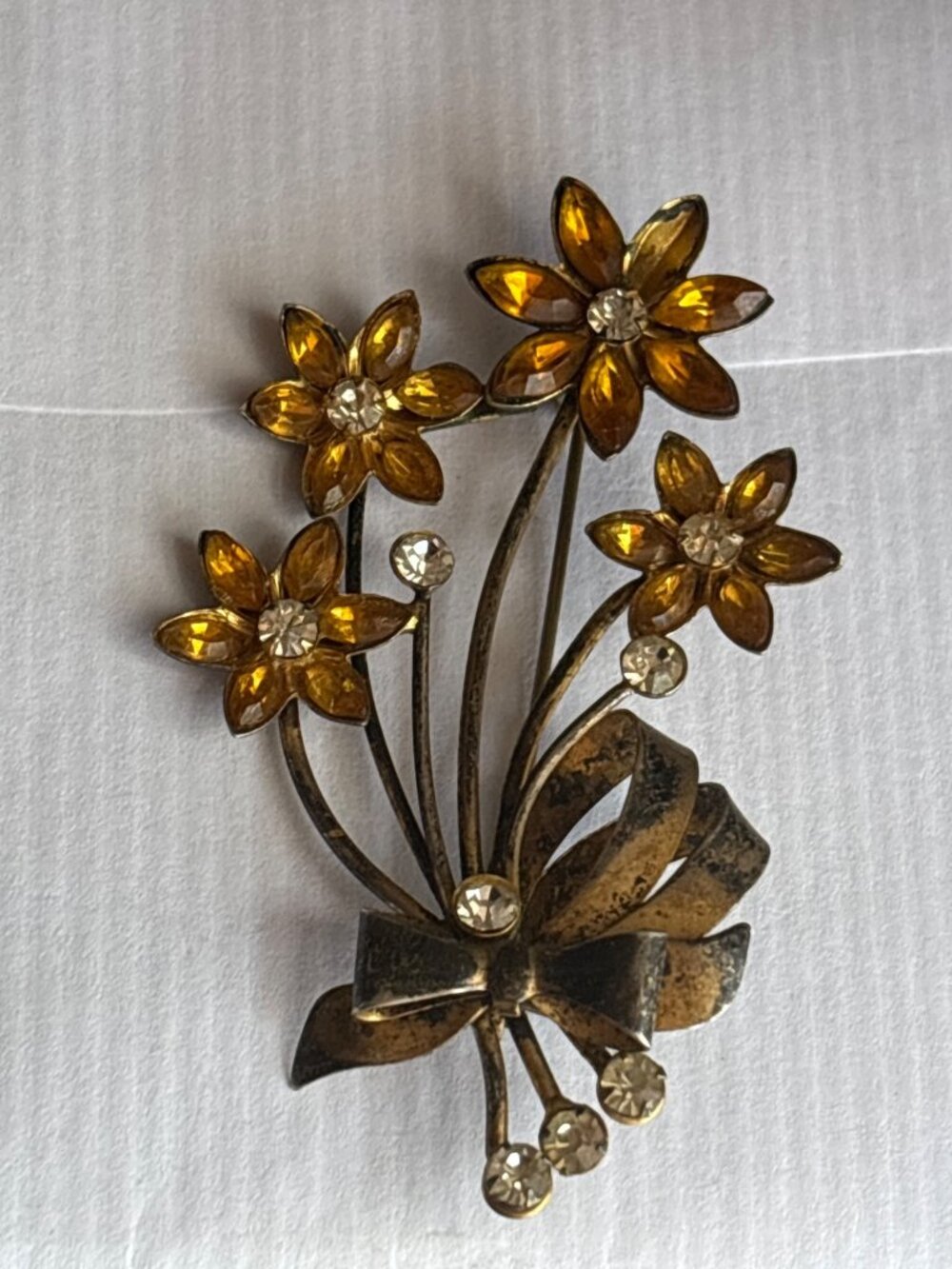 Vintage Honey-Amber Glass Sterling GP Four Floral Bouquet Brooch | 1940's, Rare